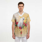 New Zealand Aotearoa Cockatoo Scrub Top Maori Pattern With Pohutukawa Flowers