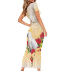 New Zealand Aotearoa Cockatoo Short Sleeve Bodycon Dress Maori Pattern With Pohutukawa Flowers