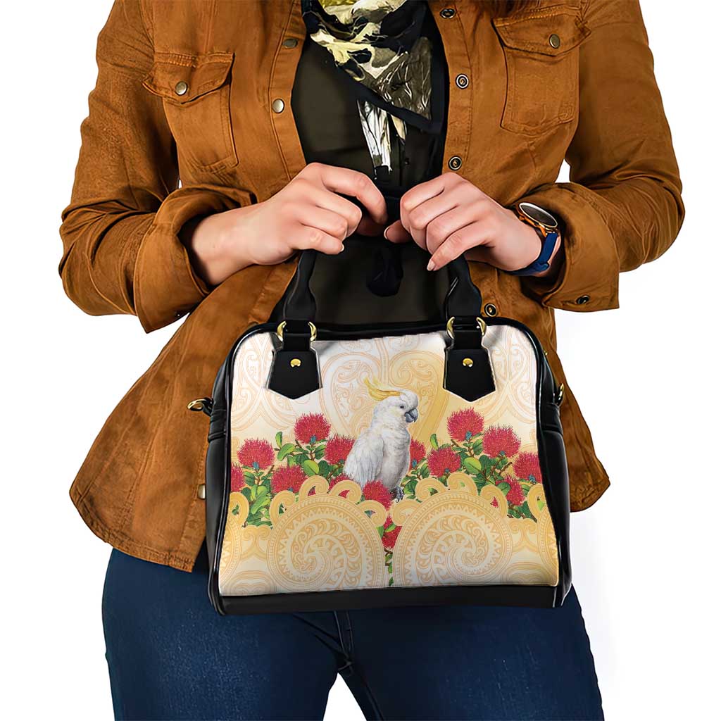 New Zealand Aotearoa Cockatoo Shoulder Handbag Maori Pattern With Pohutukawa Flowers