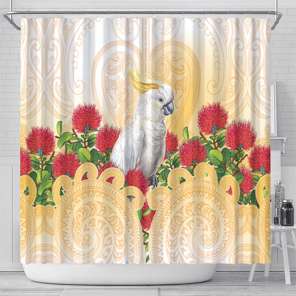 New Zealand Aotearoa Cockatoo Shower Curtain Maori Pattern With Pohutukawa Flowers
