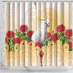 New Zealand Aotearoa Cockatoo Shower Curtain Maori Pattern With Pohutukawa Flowers