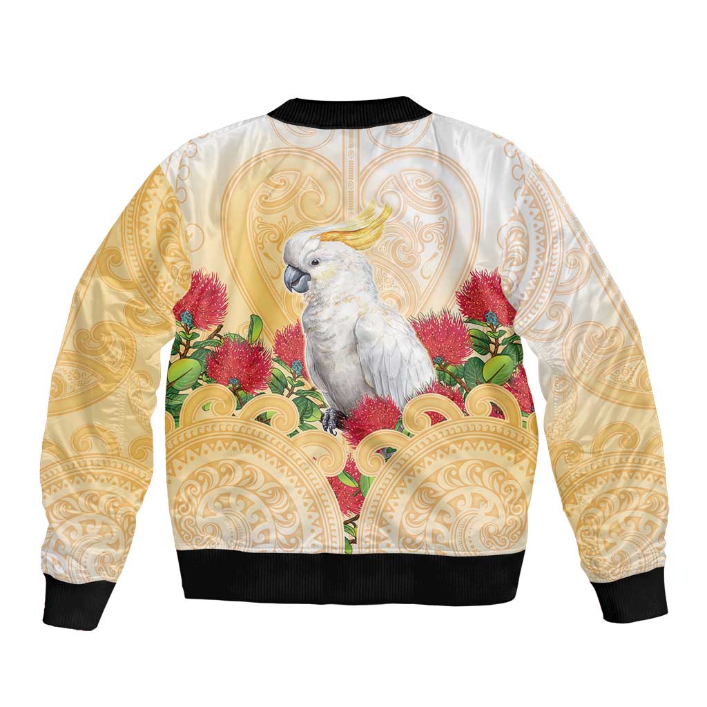 New Zealand Aotearoa Cockatoo Sleeve Zip Bomber Jacket Maori Pattern With Pohutukawa Flowers