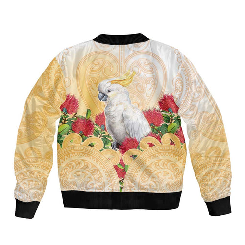 New Zealand Aotearoa Cockatoo Sleeve Zip Bomber Jacket Maori Pattern With Pohutukawa Flowers