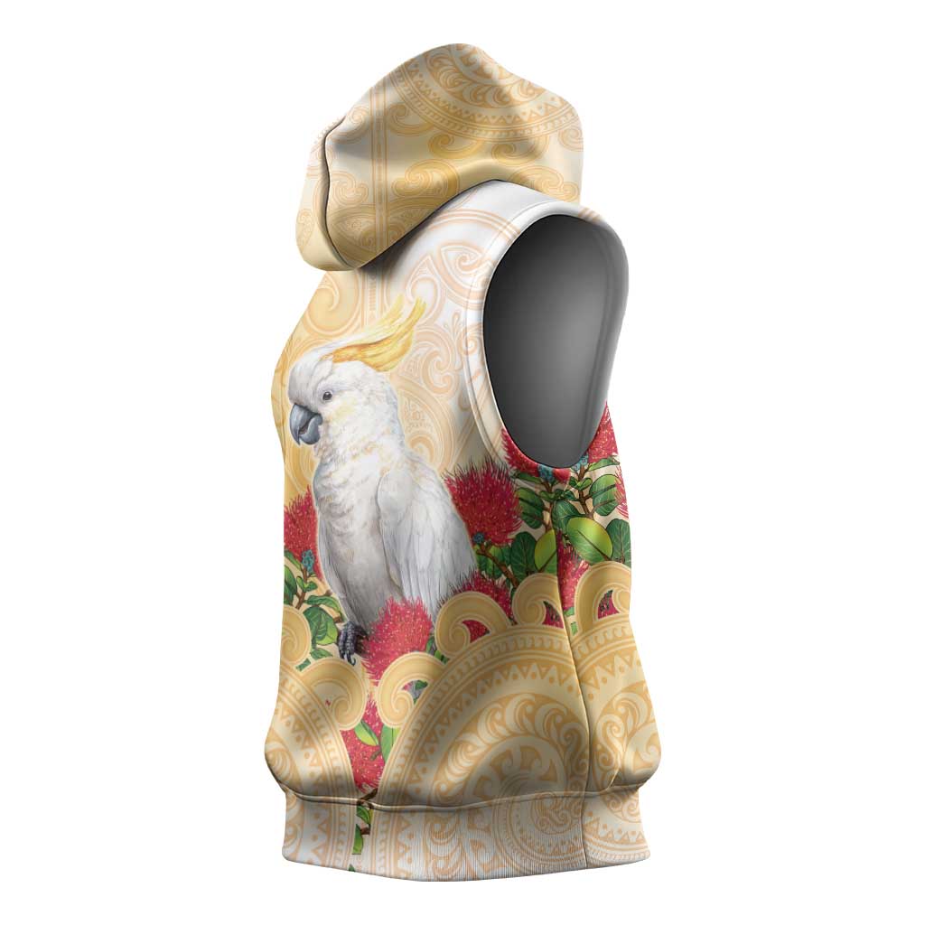 New Zealand Aotearoa Cockatoo Sleeveless Hoodie Maori Pattern With Pohutukawa Flowers