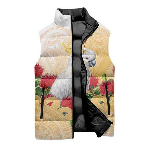 New Zealand Aotearoa Cockatoo Sleeveless Puffer Jacket Maori Pattern With Pohutukawa Flowers