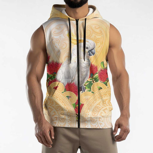 New Zealand Aotearoa Cockatoo Sleeveless Zip Hoodie Maori Pattern With Pohutukawa Flowers