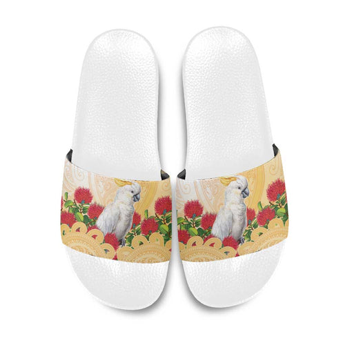 New Zealand Aotearoa Cockatoo Slide Sandals Maori Pattern With Pohutukawa Flowers