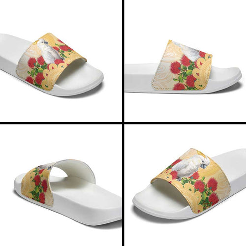 New Zealand Aotearoa Cockatoo Slide Sandals Maori Pattern With Pohutukawa Flowers
