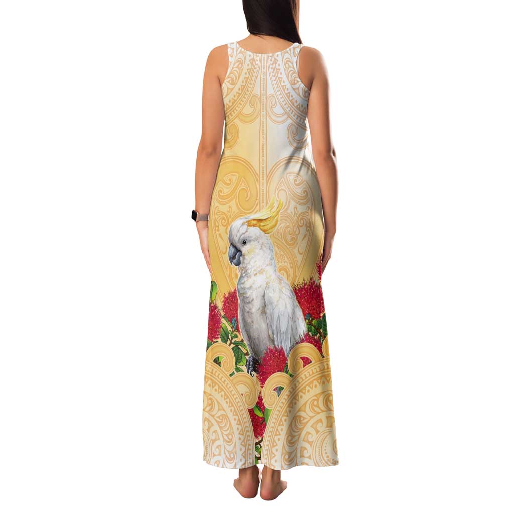 New Zealand Aotearoa Cockatoo Tank Maxi Dress Maori Pattern With Pohutukawa Flowers