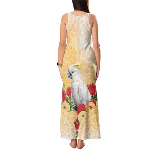 New Zealand Aotearoa Cockatoo Tank Maxi Dress Maori Pattern With Pohutukawa Flowers