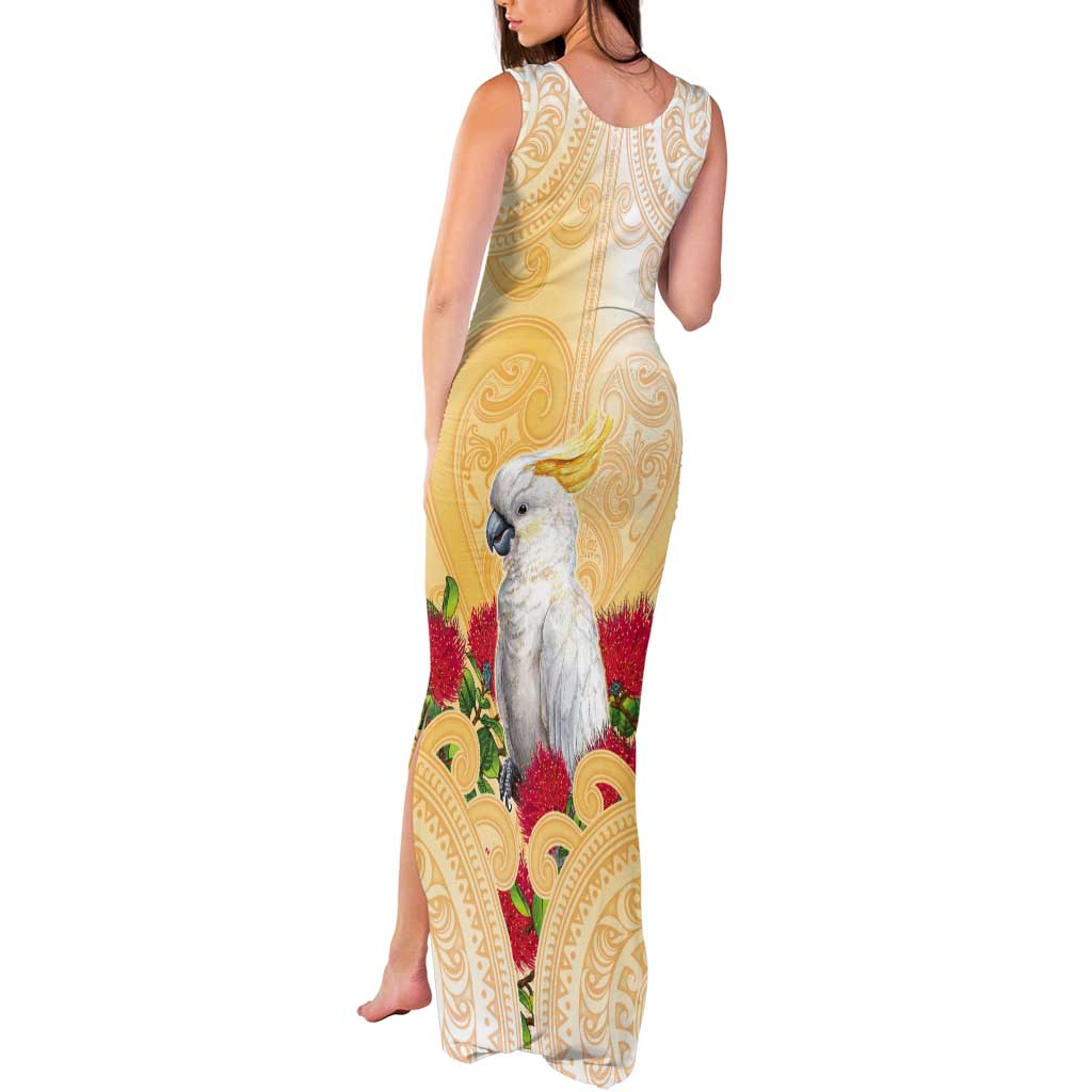 New Zealand Aotearoa Cockatoo Tank Maxi Dress Maori Pattern With Pohutukawa Flowers
