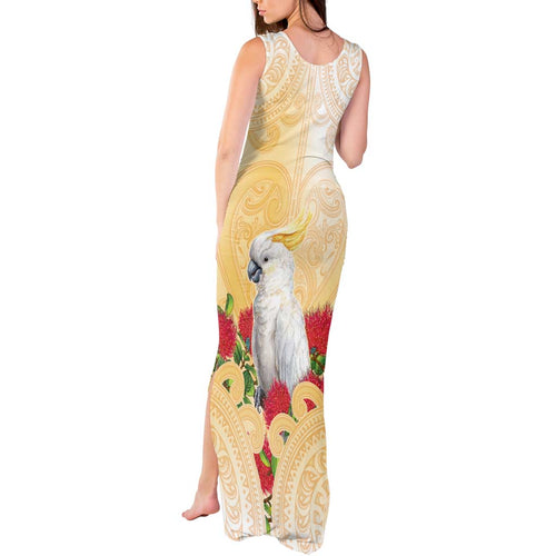New Zealand Aotearoa Cockatoo Tank Maxi Dress Maori Pattern With Pohutukawa Flowers
