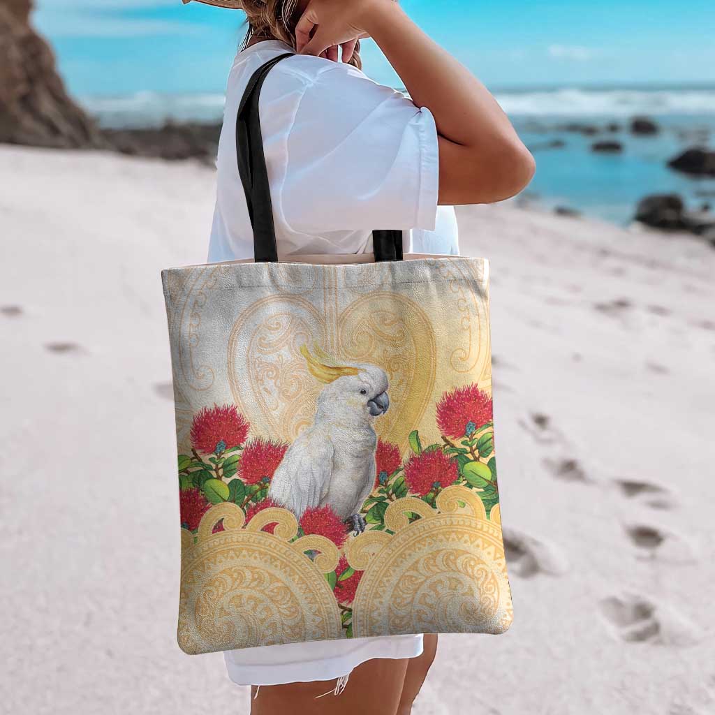 New Zealand Aotearoa Cockatoo Tote Bag Maori Pattern With Pohutukawa Flowers