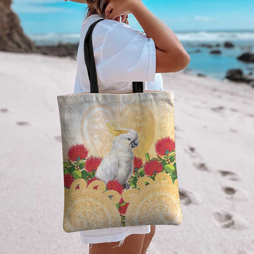 New Zealand Aotearoa Cockatoo Tote Bag Maori Pattern With Pohutukawa Flowers