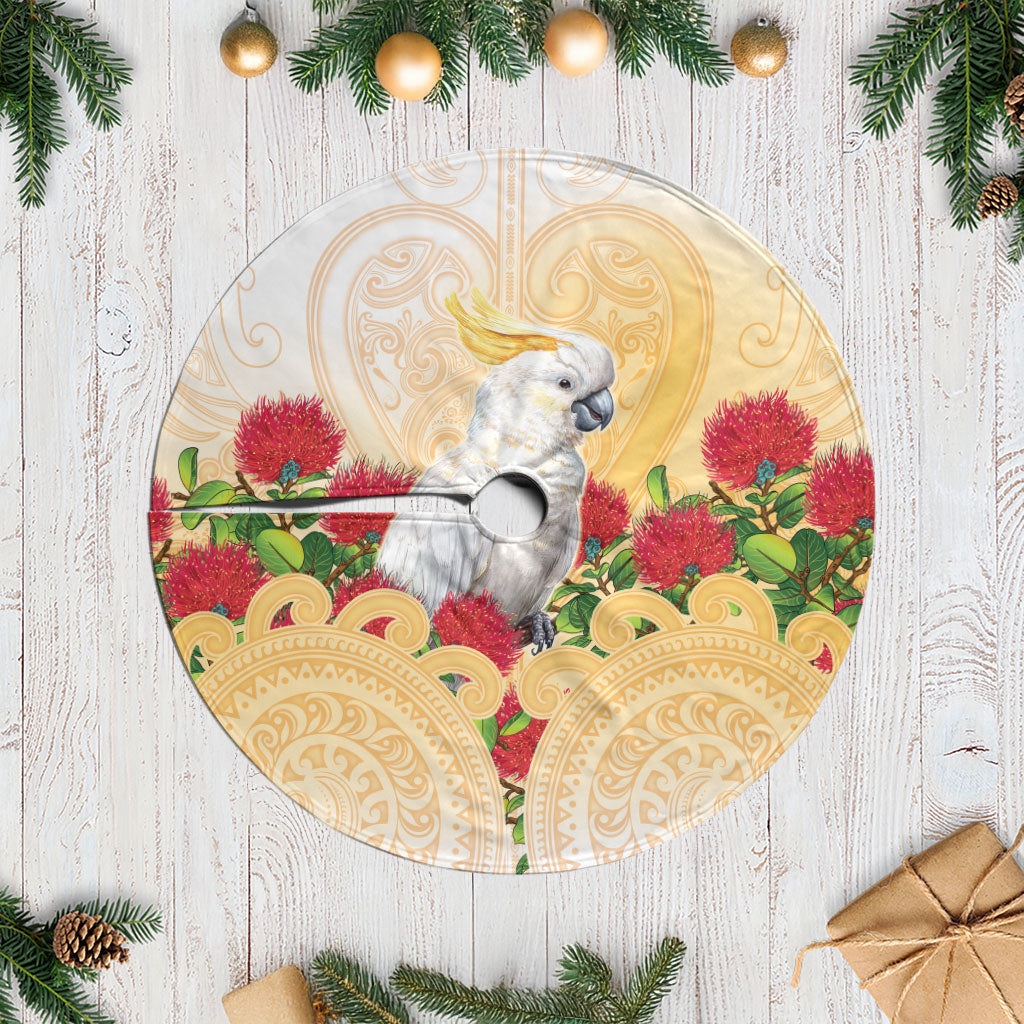 New Zealand Aotearoa Cockatoo Tree Skirt Maori Pattern With Pohutukawa Flowers