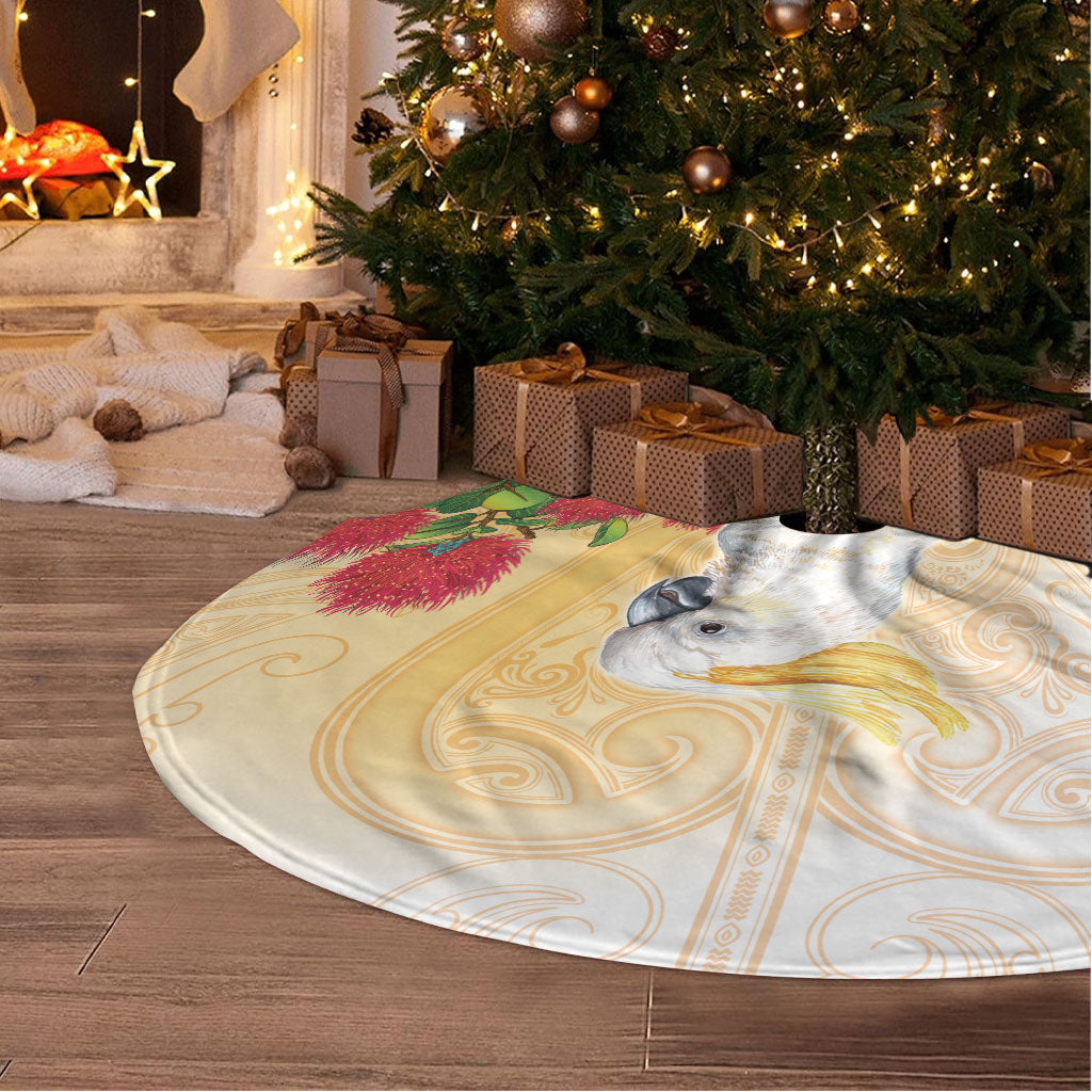 New Zealand Aotearoa Cockatoo Tree Skirt Maori Pattern With Pohutukawa Flowers