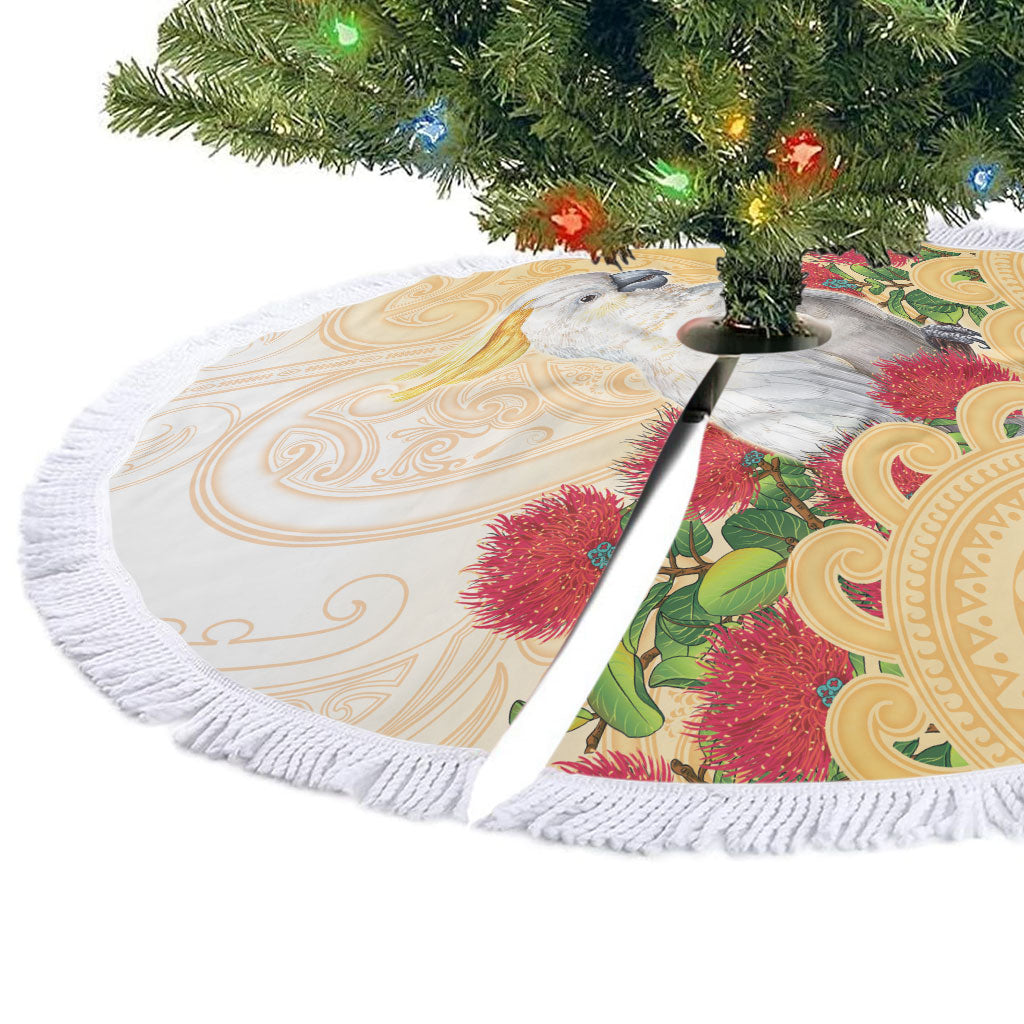 New Zealand Aotearoa Cockatoo Tree Skirt Maori Pattern With Pohutukawa Flowers