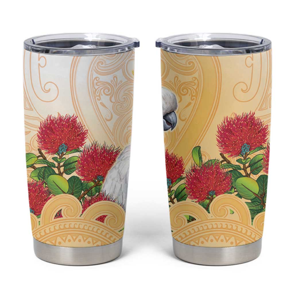 New Zealand Aotearoa Cockatoo Tumbler Cup Maori Pattern With Pohutukawa Flowers