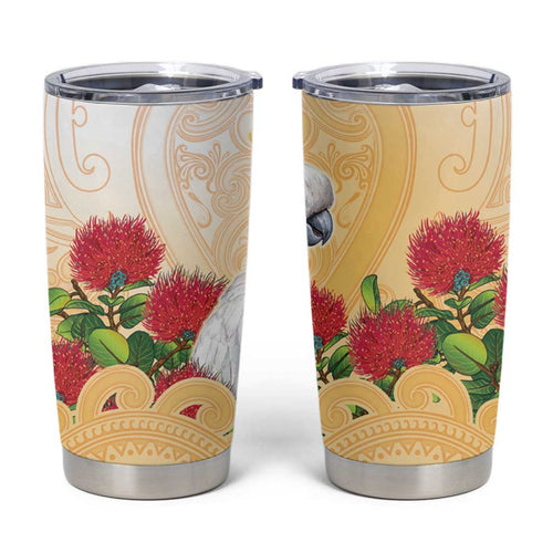 New Zealand Aotearoa Cockatoo Tumbler Cup Maori Pattern With Pohutukawa Flowers