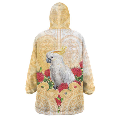 New Zealand Aotearoa Cockatoo Wearable Blanket Hoodie Maori Pattern With Pohutukawa Flowers