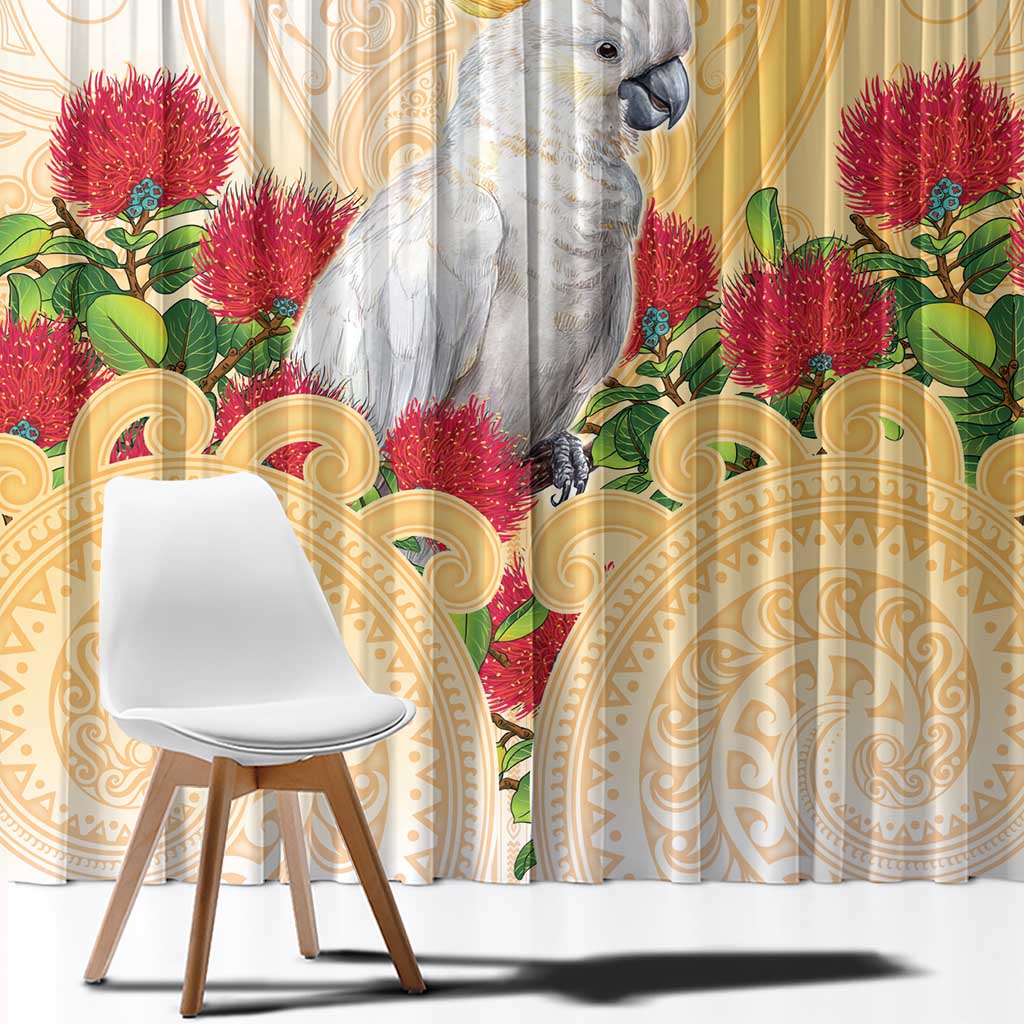 New Zealand Aotearoa Cockatoo Window Curtain Maori Pattern With Pohutukawa Flowers