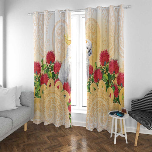 New Zealand Aotearoa Cockatoo Window Curtain Maori Pattern With Pohutukawa Flowers