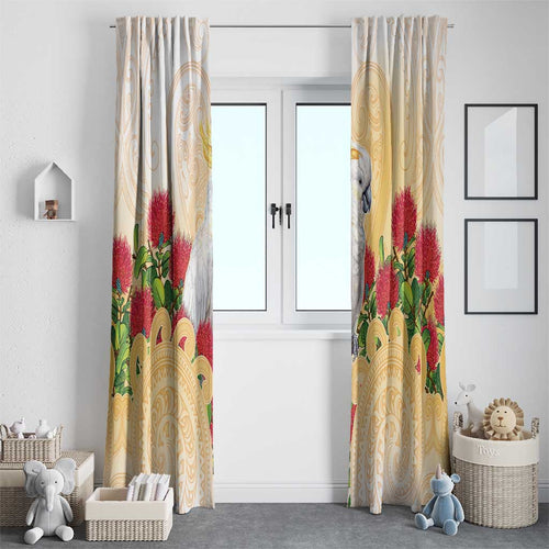New Zealand Aotearoa Cockatoo Window Curtain Maori Pattern With Pohutukawa Flowers