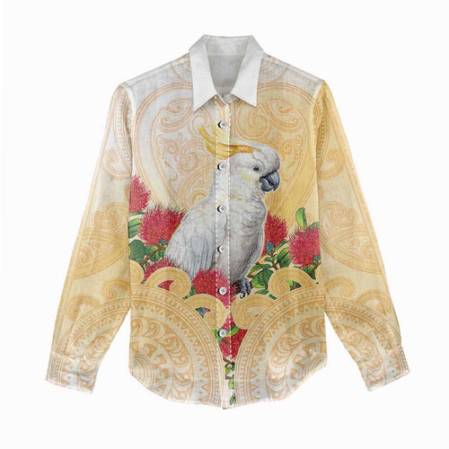 New Zealand Aotearoa Cockatoo Women Casual Shirt Maori Pattern With Pohutukawa Flowers