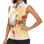 New Zealand Aotearoa Cockatoo Women Sleeveless Polo Shirt Maori Pattern With Pohutukawa Flowers