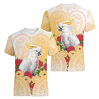 New Zealand Aotearoa Cockatoo Women V-Neck T-Shirt Maori Pattern With Pohutukawa Flowers