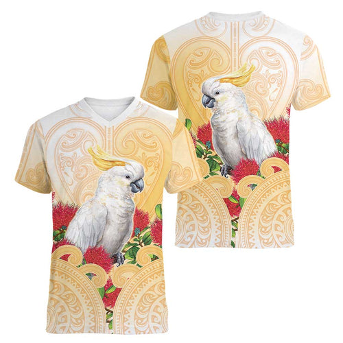 New Zealand Aotearoa Cockatoo Women V-Neck T-Shirt Maori Pattern With Pohutukawa Flowers