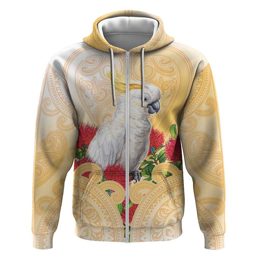 New Zealand Aotearoa Cockatoo Zip Hoodie Maori Pattern With Pohutukawa Flowers