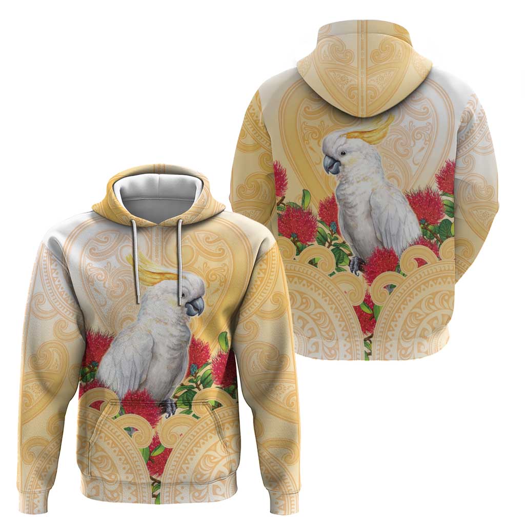 New Zealand Aotearoa Cockatoo Zip Hoodie Maori Pattern With Pohutukawa Flowers