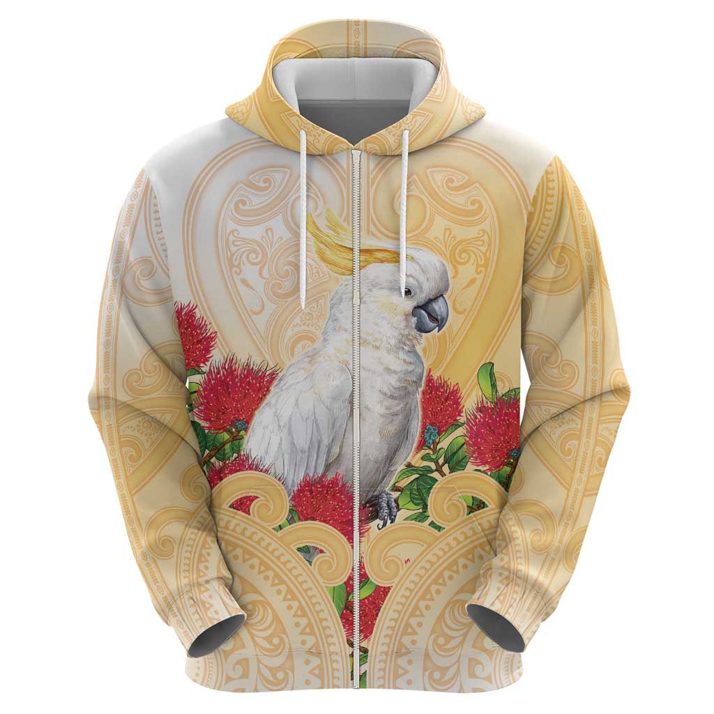 New Zealand Aotearoa Cockatoo Zip Hoodie Maori Pattern With Pohutukawa Flowers
