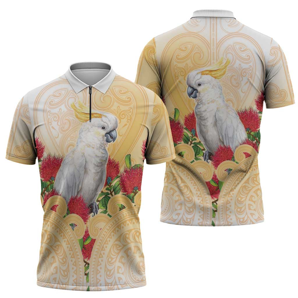 New Zealand Aotearoa Cockatoo Zipper Polo Shirt Maori Pattern With Pohutukawa Flowers