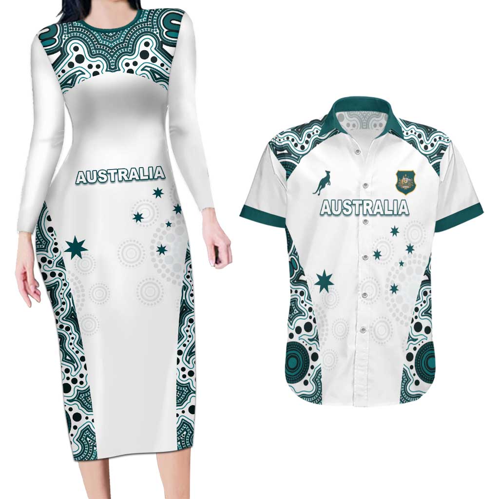 Custom Australia Rugby 2026 Couples Matching Long Sleeve Bodycon Dress and Hawaiian Shirt Go Wallabies Aboriginal Pattern White Version - Aussie Hoodie