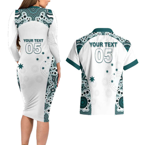 Custom Australia Rugby 2026 Couples Matching Long Sleeve Bodycon Dress and Hawaiian Shirt Go Wallabies Aboriginal Pattern White Version - Aussie Hoodie