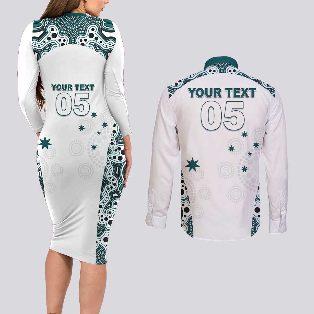 Custom Australia Rugby 2026 Couples Matching Long Sleeve Bodycon Dress and Long Sleeve Button Shirt Go Wallabies Aboriginal Pattern White Version - Aussie Hoodie