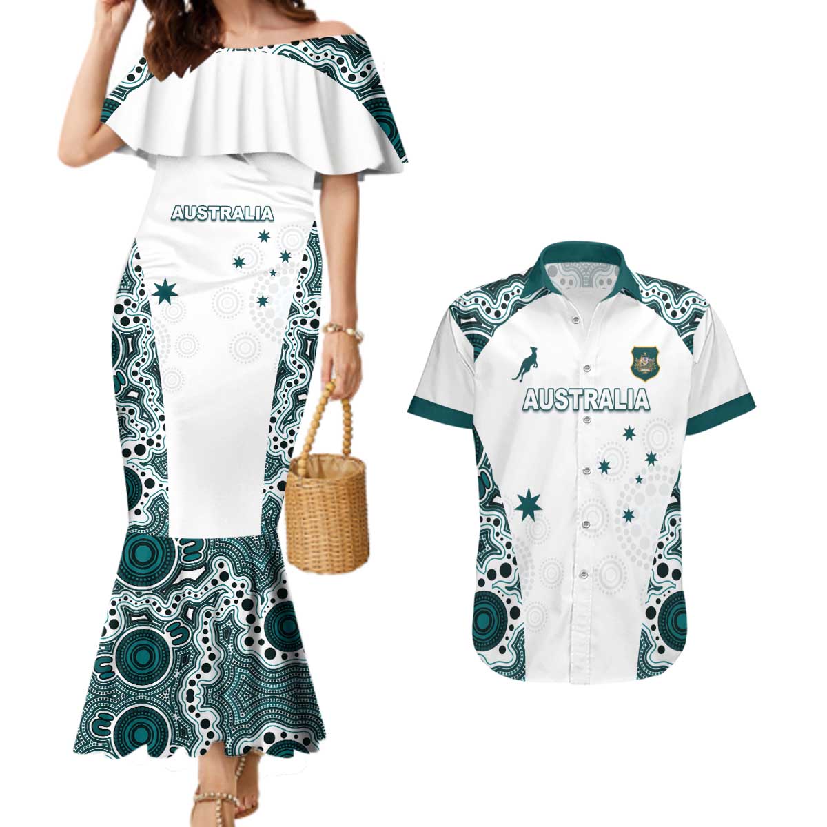 Custom Australia Rugby 2026 Couples Matching Mermaid Dress and Hawaiian Shirt Go Wallabies Aboriginal Pattern White Version - Aussie Hoodie