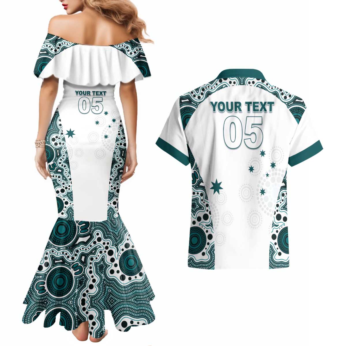 Custom Australia Rugby 2026 Couples Matching Mermaid Dress and Hawaiian Shirt Go Wallabies Aboriginal Pattern White Version - Aussie Hoodie