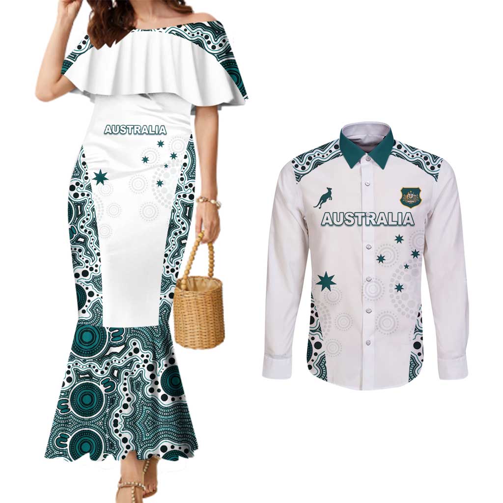 Custom Australia Rugby 2026 Couples Matching Mermaid Dress and Long Sleeve Button Shirt Go Wallabies Aboriginal Pattern White Version - Aussie Hoodie