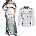 Custom Australia Rugby 2026 Couples Matching Off Shoulder Maxi Dress and Long Sleeve Button Shirt Go Wallabies Aboriginal Pattern White Version - Aussie Hoodie