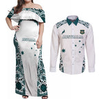Custom Australia Rugby 2026 Couples Matching Off Shoulder Maxi Dress and Long Sleeve Button Shirt Go Wallabies Aboriginal Pattern White Version - Aussie Hoodie