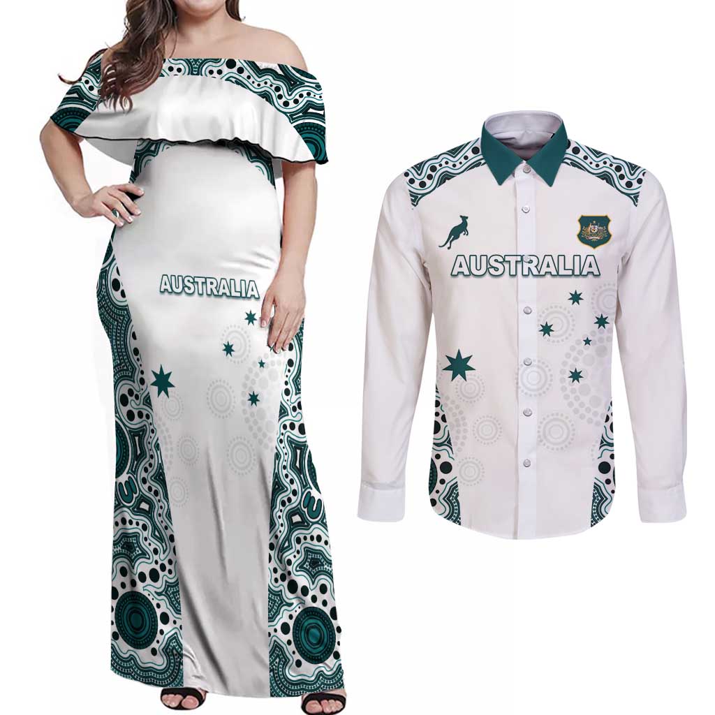 Custom Australia Rugby 2026 Couples Matching Off Shoulder Maxi Dress and Long Sleeve Button Shirt Go Wallabies Aboriginal Pattern White Version - Aussie Hoodie