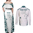Custom Australia Rugby 2026 Couples Matching Off Shoulder Maxi Dress and Long Sleeve Button Shirt Go Wallabies Aboriginal Pattern White Version - Aussie Hoodie
