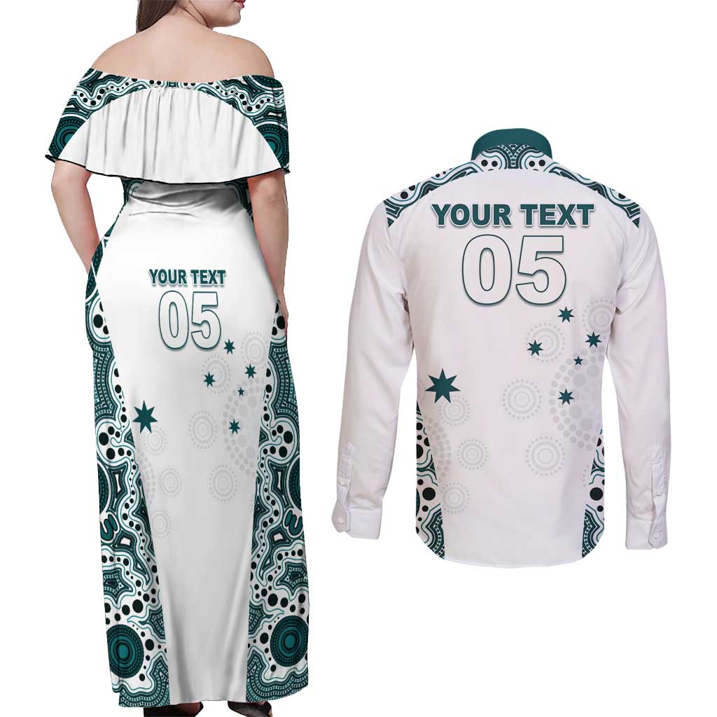 Custom Australia Rugby 2026 Couples Matching Off Shoulder Maxi Dress and Long Sleeve Button Shirt Go Wallabies Aboriginal Pattern White Version - Aussie Hoodie