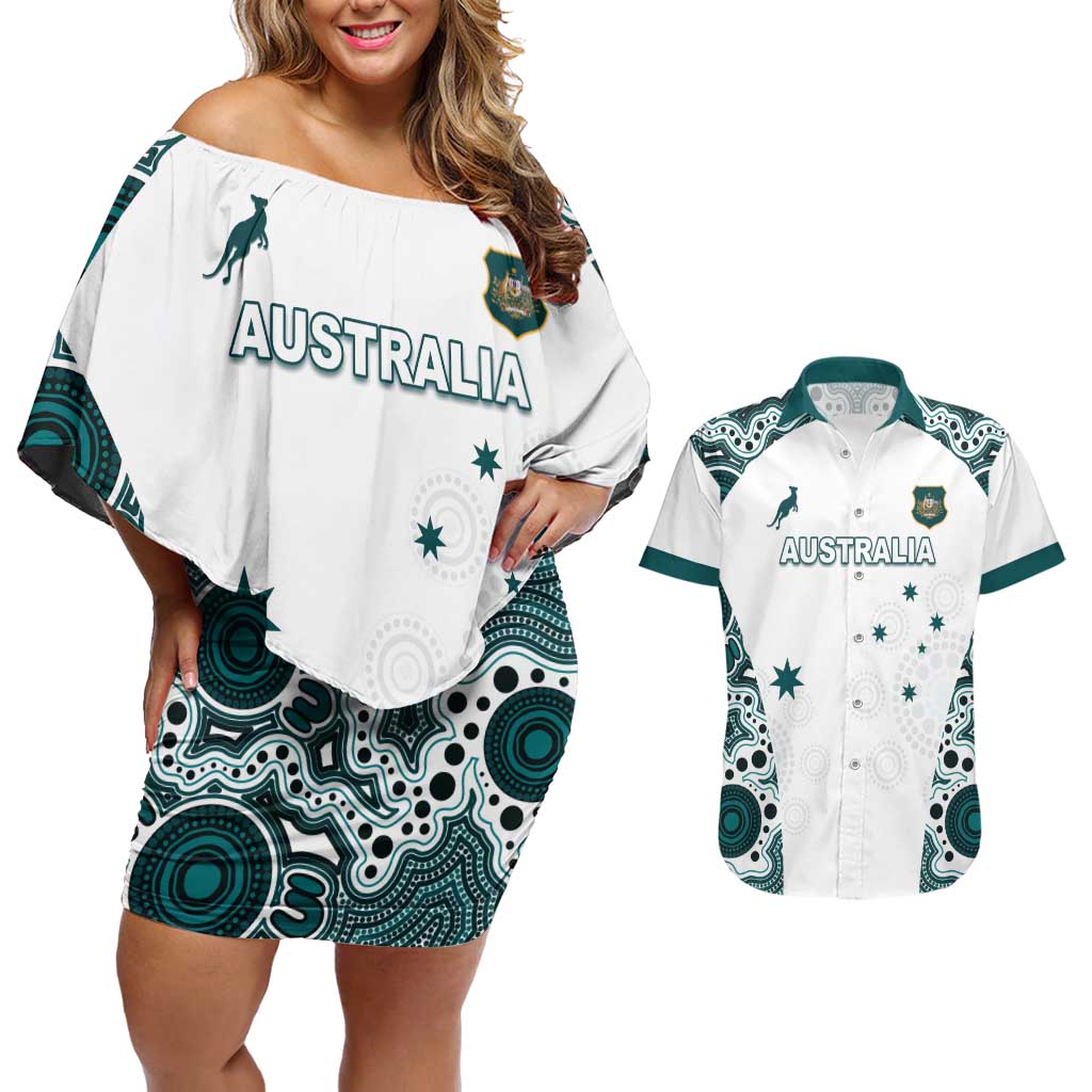Custom Australia Rugby 2026 Couples Matching Off Shoulder Short Dress and Hawaiian Shirt Go Wallabies Aboriginal Pattern White Version - Aussie Hoodie