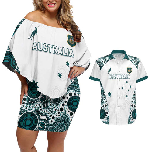 Custom Australia Rugby 2026 Couples Matching Off Shoulder Short Dress and Hawaiian Shirt Go Wallabies Aboriginal Pattern White Version - Aussie Hoodie