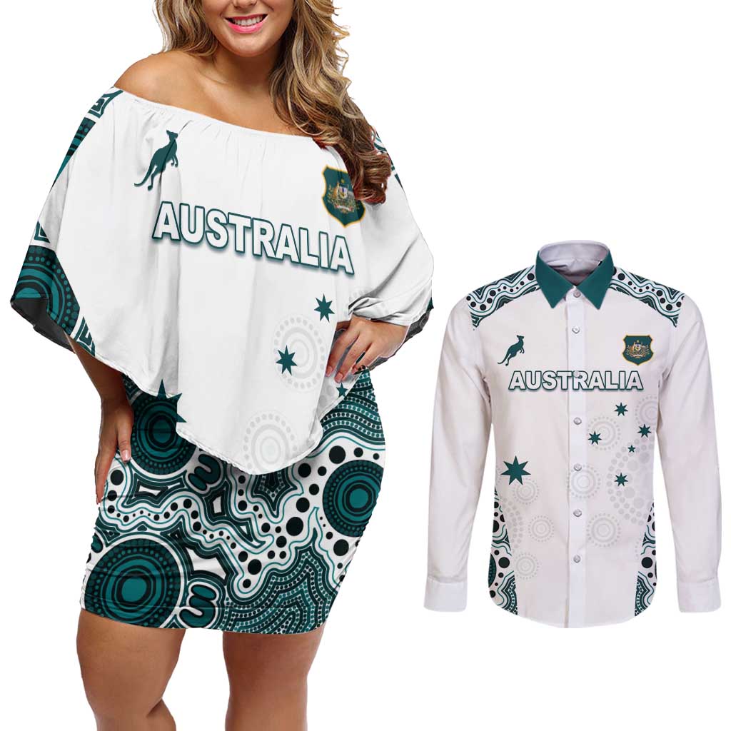 Custom Australia Rugby 2026 Couples Matching Off Shoulder Short Dress and Long Sleeve Button Shirt Go Wallabies Aboriginal Pattern White Version - Aussie Hoodie