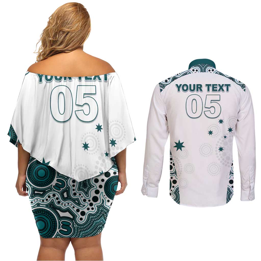 Custom Australia Rugby 2026 Couples Matching Off Shoulder Short Dress and Long Sleeve Button Shirt Go Wallabies Aboriginal Pattern White Version - Aussie Hoodie